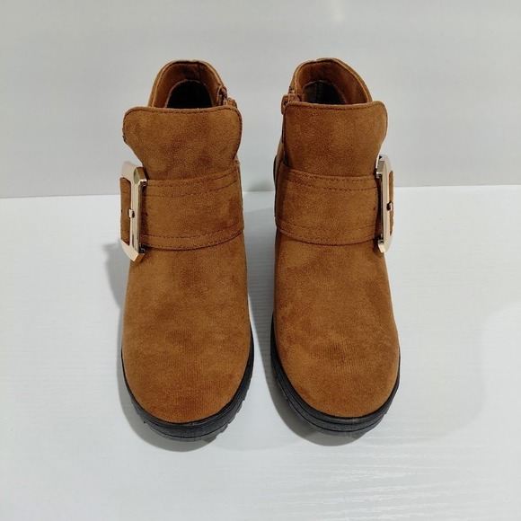 Forever Womens Brown Suede Ankle Boots Chunky Heel Gold Buckle Side Zip Size 7.5 - Picture 7 of 14